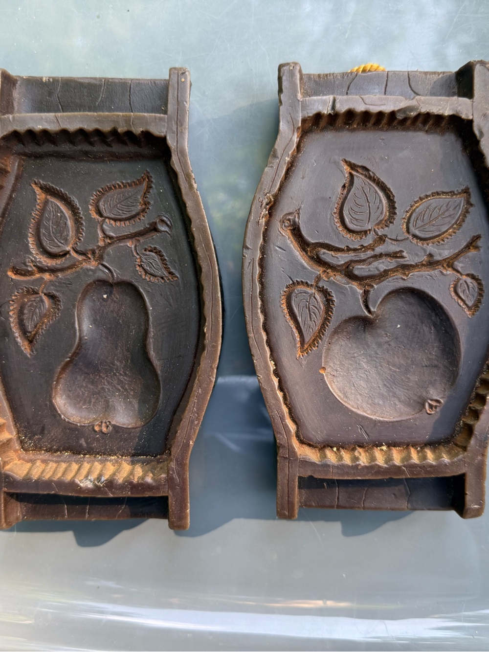 Carved Wooden Fruit Wall Plaques - Pear & Apple - Dark Brown